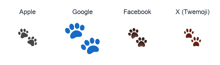 Paw Prints emoji artwork compared side by side for Apple, Google Noto, Facebook, and X Twemoji styles on white.