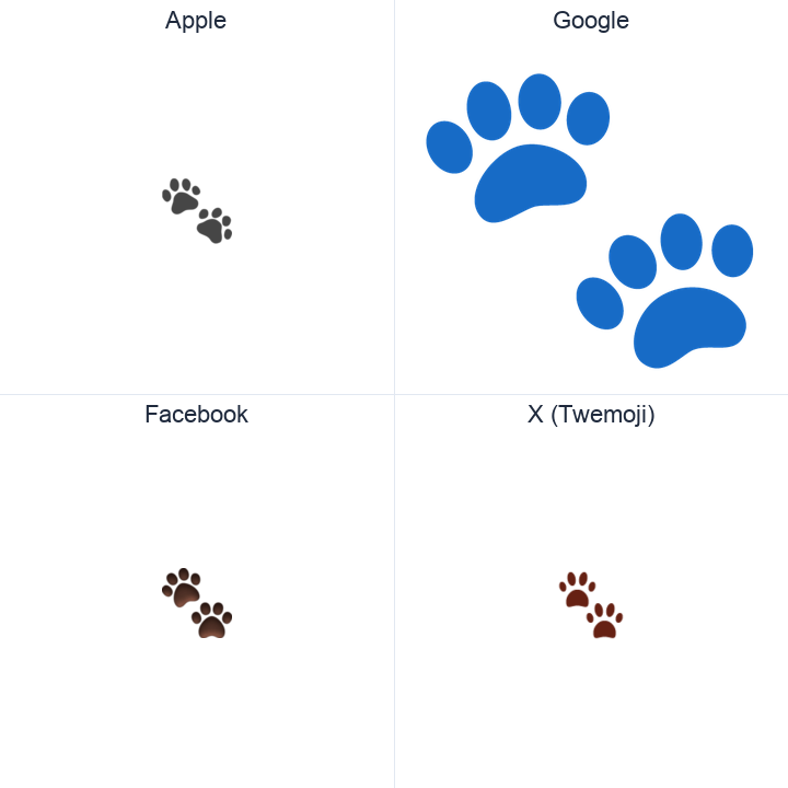 Paw Prints emoji in a square grid: Apple and Google on the top row, Facebook and X Twemoji on the bottom, on white.