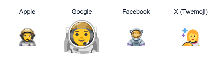 Woman Astronaut emoji artwork compared side by side for Apple, Google Noto, Facebook, and X Twemoji styles on white.