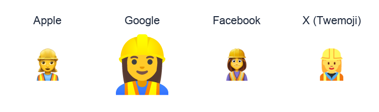 Woman Construction Worker emoji artwork compared side by side for Apple, Google Noto, Facebook, and X Twemoji styles on white.