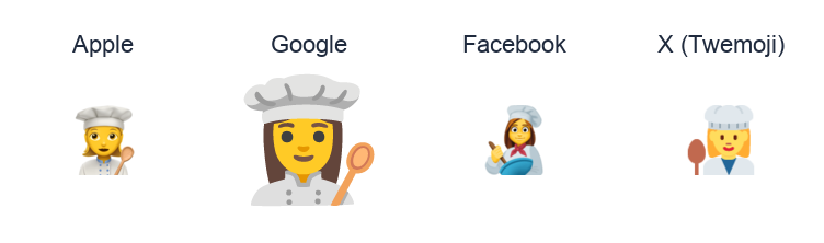 Woman Cook emoji artwork compared side by side for Apple, Google Noto, Facebook, and X Twemoji styles on white.