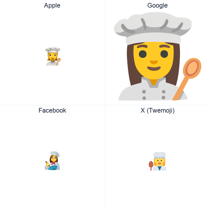 Woman Cook emoji in a square grid: Apple and Google on the top row, Facebook and X Twemoji on the bottom, on white.