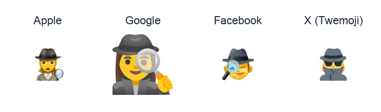 Woman Detective emoji artwork compared side by side for Apple, Google Noto, Facebook, and X Twemoji styles on white.