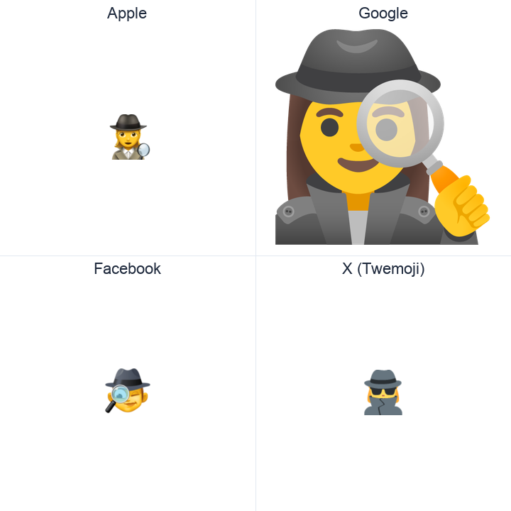 Woman Detective emoji in a square grid: Apple and Google on the top row, Facebook and X Twemoji on the bottom, on white.