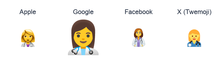 Woman Health Worker emoji artwork compared side by side for Apple, Google Noto, Facebook, and X Twemoji styles on white.