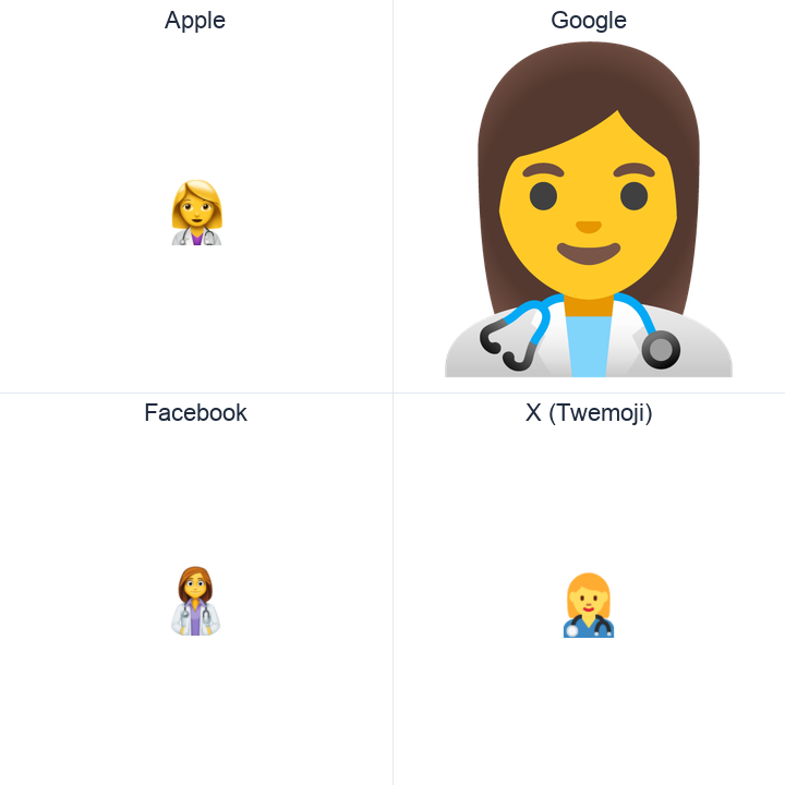 Woman Health Worker emoji in a square grid: Apple and Google on the top row, Facebook and X Twemoji on the bottom, on white.