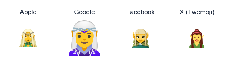 Woman Elf emoji artwork compared side by side for Apple, Google Noto, Facebook, and X Twemoji styles on white.