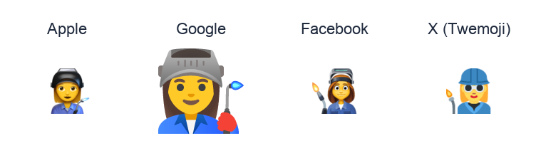Woman Factory Worker emoji artwork compared side by side for Apple, Google Noto, Facebook, and X Twemoji styles on white.