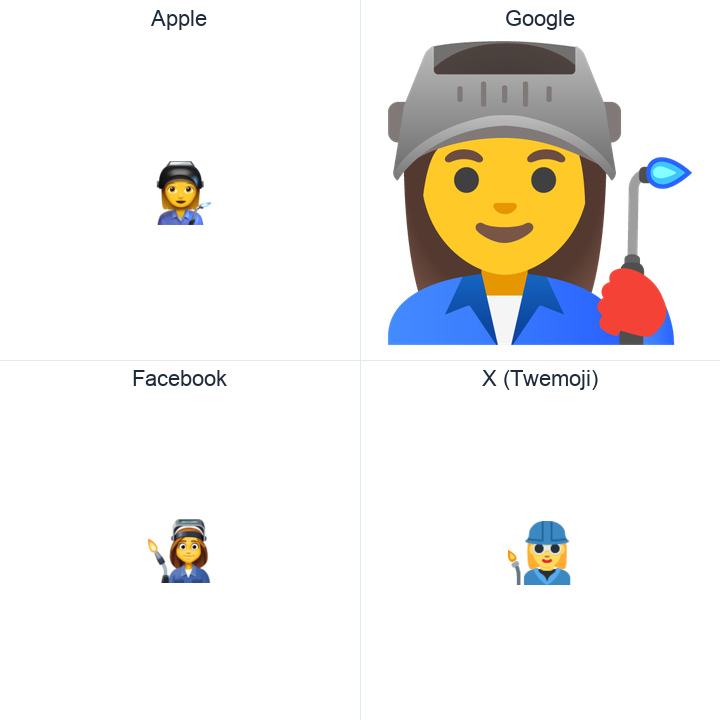 Woman Factory Worker emoji in a square grid: Apple and Google on the top row, Facebook and X Twemoji on the bottom, on white.