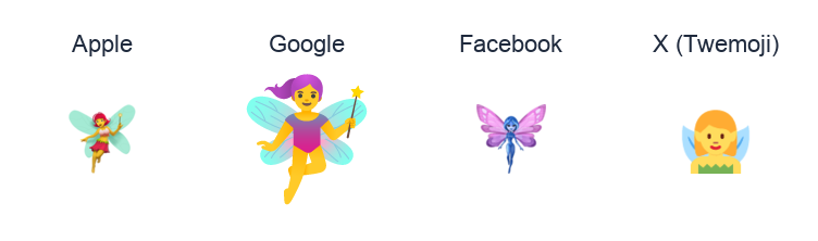 Woman Fairy emoji artwork compared side by side for Apple, Google Noto, Facebook, and X Twemoji styles on white.