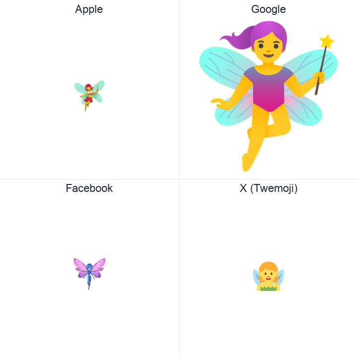 Woman Fairy emoji in a square grid: Apple and Google on the top row, Facebook and X Twemoji on the bottom, on white.
