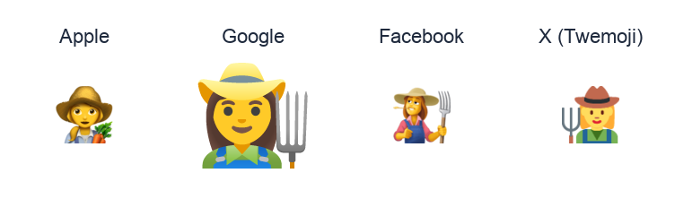 Woman Farmer emoji artwork compared side by side for Apple, Google Noto, Facebook, and X Twemoji styles on white.