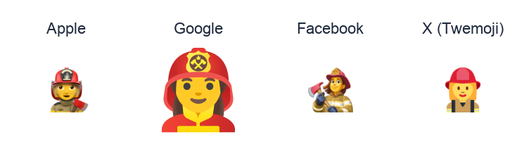 Woman Firefighter emoji artwork compared side by side for Apple, Google Noto, Facebook, and X Twemoji styles on white.