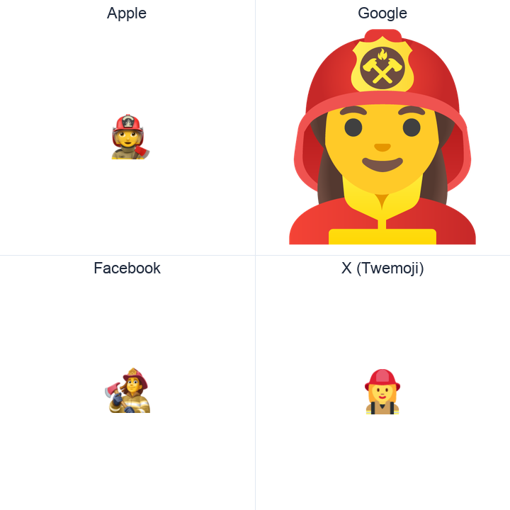 Woman Firefighter emoji in a square grid: Apple and Google on the top row, Facebook and X Twemoji on the bottom, on white.
