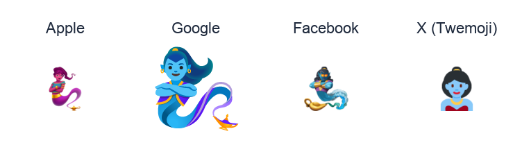 Woman Genie emoji artwork compared side by side for Apple, Google Noto, Facebook, and X Twemoji styles on white.