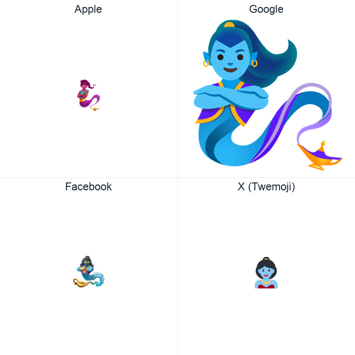 Woman Genie emoji in a square grid: Apple and Google on the top row, Facebook and X Twemoji on the bottom, on white.