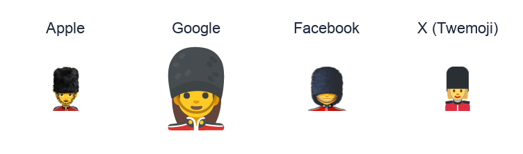 Woman Guard emoji artwork compared side by side for Apple, Google Noto, Facebook, and X Twemoji styles on white.