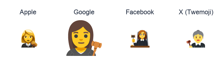 Woman Judge emoji artwork compared side by side for Apple, Google Noto, Facebook, and X Twemoji styles on white.