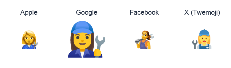 Woman Mechanic emoji artwork compared side by side for Apple, Google Noto, Facebook, and X Twemoji styles on white.