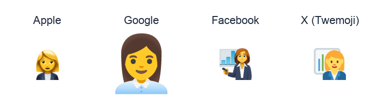 Woman Office Worker emoji artwork compared side by side for Apple, Google Noto, Facebook, and X Twemoji styles on white.
