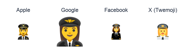 Woman Pilot emoji artwork compared side by side for Apple, Google Noto, Facebook, and X Twemoji styles on white.