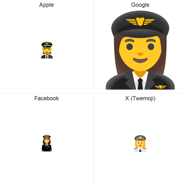 Woman Pilot emoji in a square grid: Apple and Google on the top row, Facebook and X Twemoji on the bottom, on white.