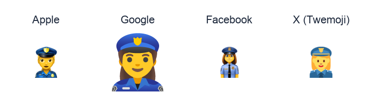 Woman Police Officer emoji artwork compared side by side for Apple, Google Noto, Facebook, and X Twemoji styles on white.