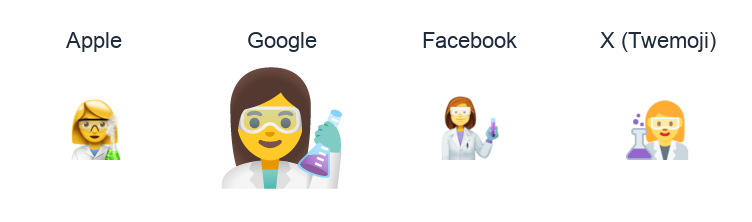 Woman Scientist emoji artwork compared side by side for Apple, Google Noto, Facebook, and X Twemoji styles on white.