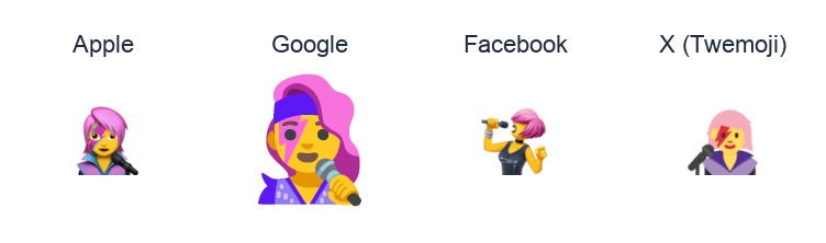 Woman Singer emoji artwork compared side by side for Apple, Google Noto, Facebook, and X Twemoji styles on white.