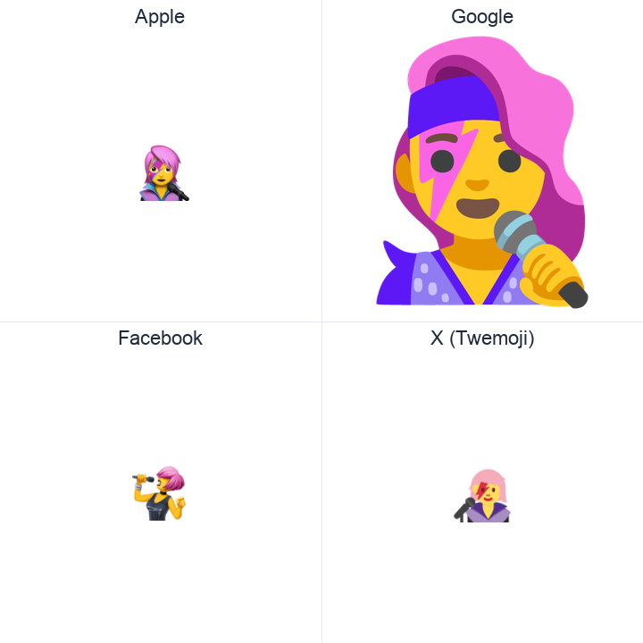 Woman Singer emoji in a square grid: Apple and Google on the top row, Facebook and X Twemoji on the bottom, on white.