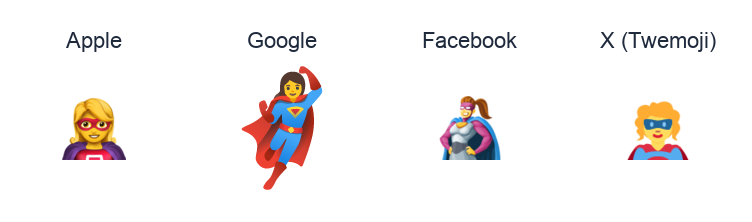 Woman Superhero emoji artwork compared side by side for Apple, Google Noto, Facebook, and X Twemoji styles on white.