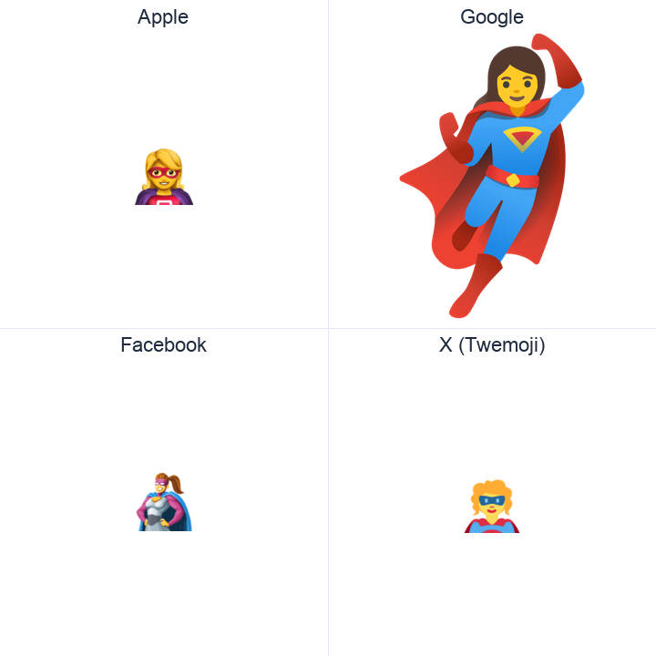 Woman Superhero emoji in a square grid: Apple and Google on the top row, Facebook and X Twemoji on the bottom, on white.