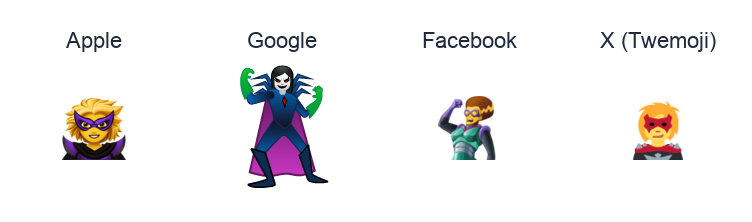 Woman Supervillain emoji artwork compared side by side for Apple, Google Noto, Facebook, and X Twemoji styles on white.