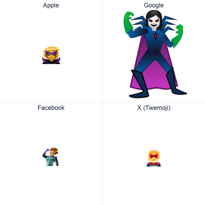 Woman Supervillain emoji in a square grid: Apple and Google on the top row, Facebook and X Twemoji on the bottom, on white.