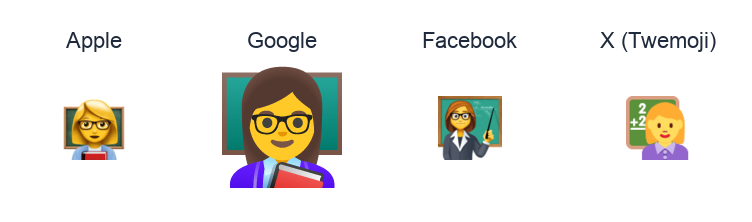 Woman Teacher emoji artwork compared side by side for Apple, Google Noto, Facebook, and X Twemoji styles on white.