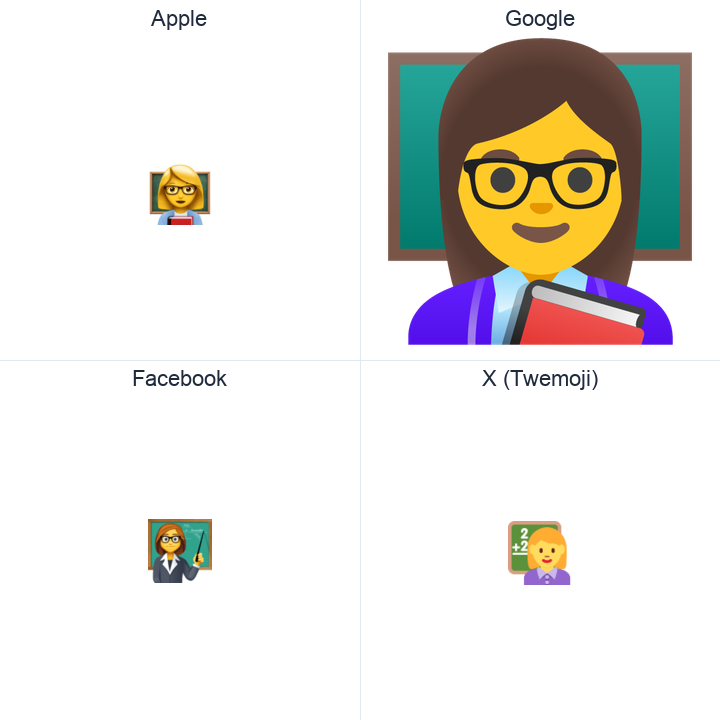 Woman Teacher emoji in a square grid: Apple and Google on the top row, Facebook and X Twemoji on the bottom, on white.