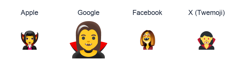 Woman Vampire emoji artwork compared side by side for Apple, Google Noto, Facebook, and X Twemoji styles on white.