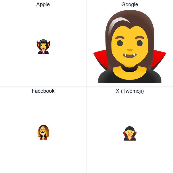 Woman Vampire emoji in a square grid: Apple and Google on the top row, Facebook and X Twemoji on the bottom, on white.
