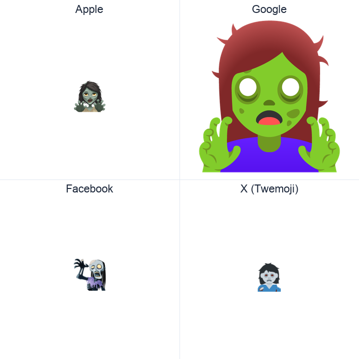 Woman Zombie emoji in a square grid: Apple and Google on the top row, Facebook and X Twemoji on the bottom, on white.