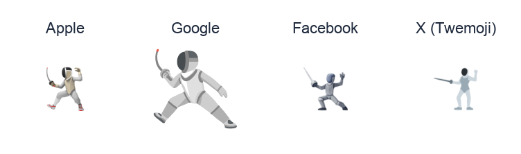 Fencer emoji artwork compared side by side for Apple, Google Noto, Facebook, and X Twemoji styles on white.