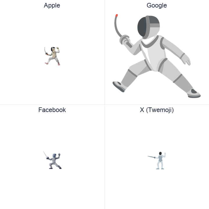 Fencer emoji in a square grid: Apple and Google on the top row, Facebook and X Twemoji on the bottom, on white.