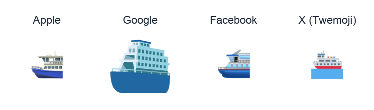 Ferry emoji artwork compared side by side for Apple, Google Noto, Facebook, and X Twemoji styles on white.