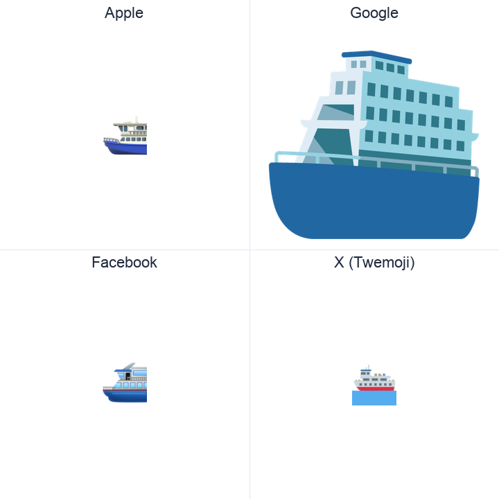 Ferry emoji in a square grid: Apple and Google on the top row, Facebook and X Twemoji on the bottom, on white.