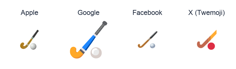 Field Hockey Stick And Ball emoji artwork compared side by side for Apple, Google Noto, Facebook, and X Twemoji styles on white.