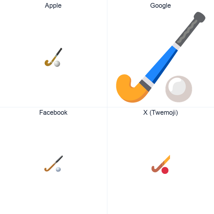 Field Hockey Stick And Ball emoji in a square grid: Apple and Google on the top row, Facebook and X Twemoji on the bottom, on white.