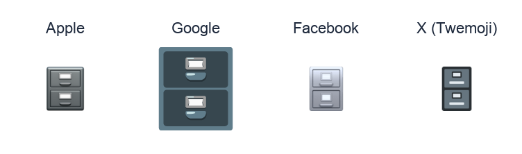 File Cabinet emoji artwork compared side by side for Apple, Google Noto, Facebook, and X Twemoji styles on white.