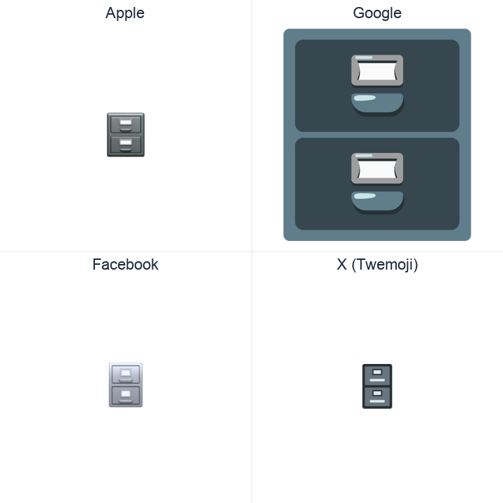 File Cabinet emoji in a square grid: Apple and Google on the top row, Facebook and X Twemoji on the bottom, on white.