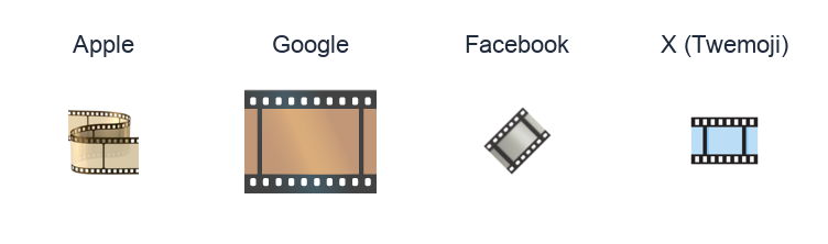 Film Frames emoji artwork compared side by side for Apple, Google Noto, Facebook, and X Twemoji styles on white.