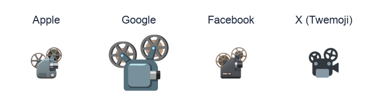 Film Projector emoji artwork compared side by side for Apple, Google Noto, Facebook, and X Twemoji styles on white.