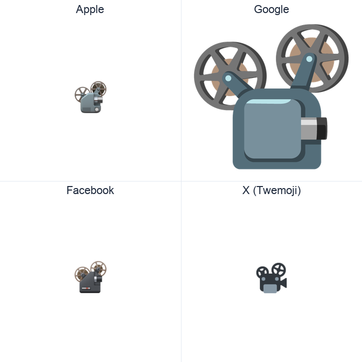 Film Projector emoji in a square grid: Apple and Google on the top row, Facebook and X Twemoji on the bottom, on white.